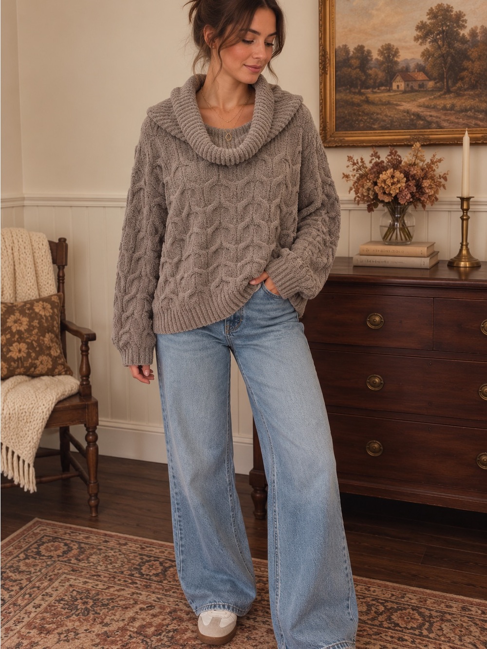moon & madison light green Cable Cowl Neck Sweater